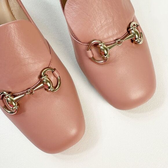 GUCCI Blush Pink Kira Horsebit Square Toe Pump 38 US 8 Leather Block Mid Heel - Picture 4 of 12